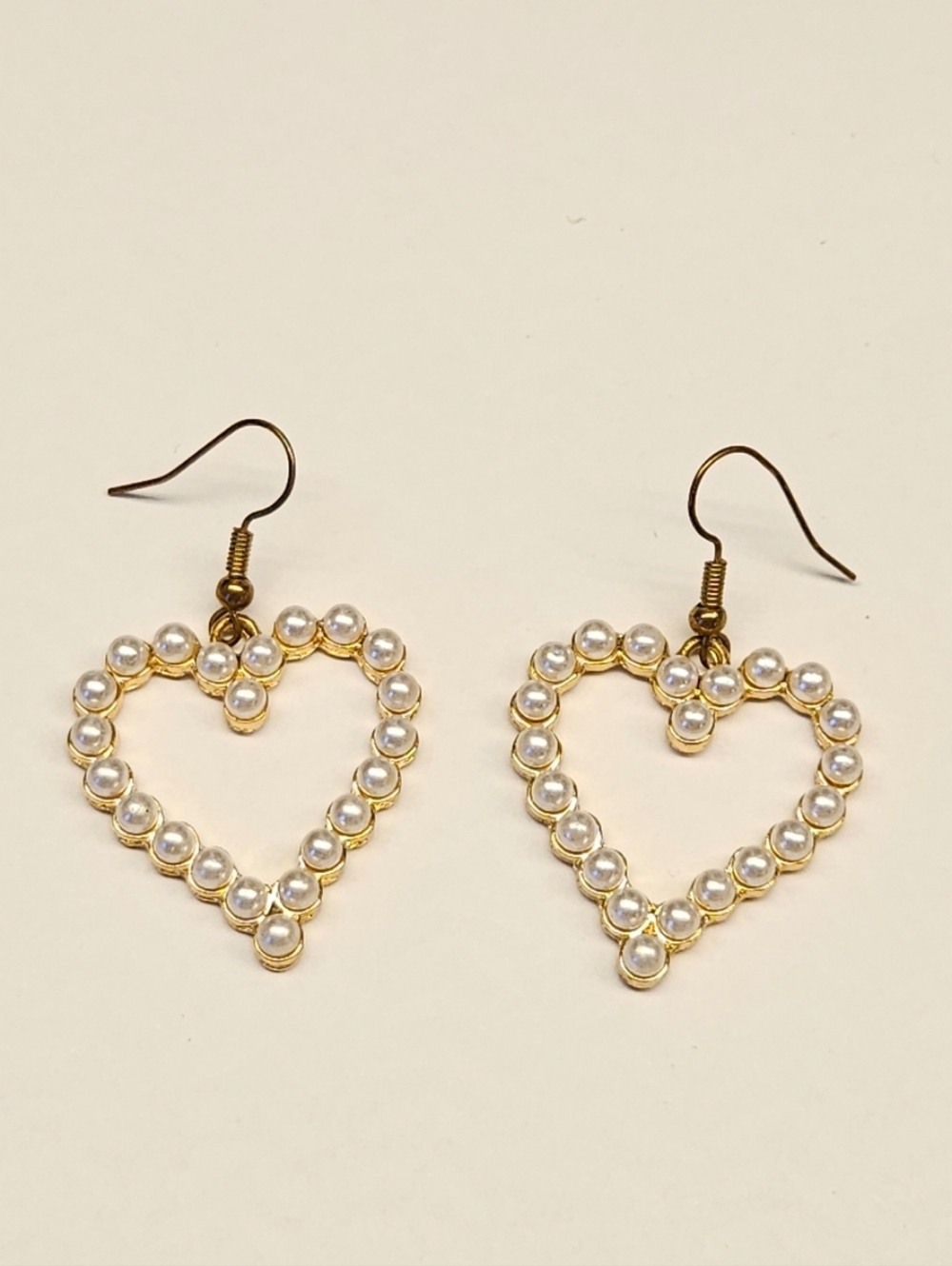 Gold Pearl Heart Drop Earrings